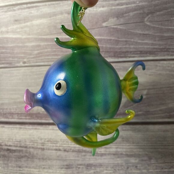 Vintage Alessandra Puffer Kissing Fish Ornament Blue Green Blown Glass 3" X 5" - Picture 3 of 8